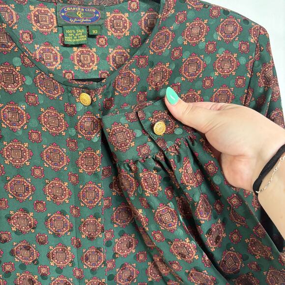 Vintage Silk Old Money Hunter Green Maroon Country Club Blouse Size 10 - Picture 5 of 8